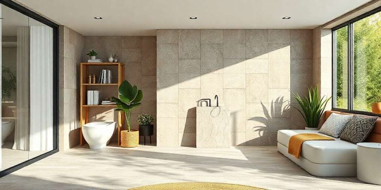 Modern bathroom with large windows, a freestanding sink, a toilet, a wooden shelf with plants, and a white bench with a yellow blanket, all in neutral tones.