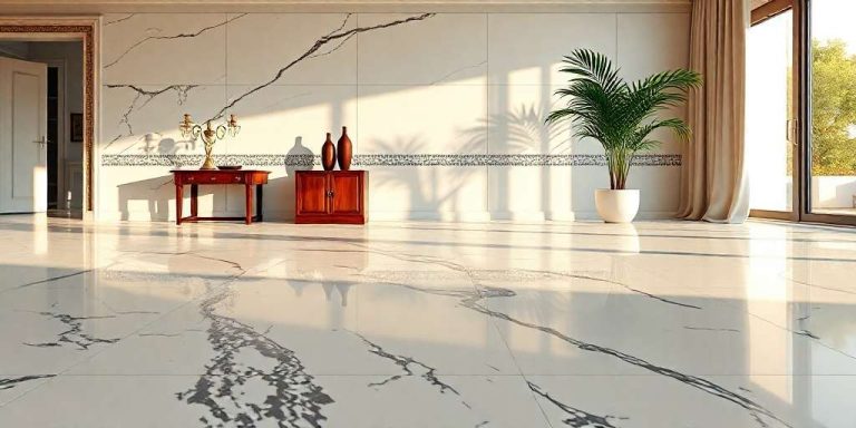Spacious room with large marble tiles, white walls with dark veins, a potted plant, two wooden tables, and sunlight streaming through a glass door.