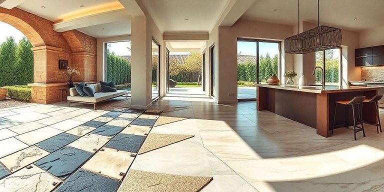 Modern open-plan living area with large windows, a kitchen island, seating area, and stone tile flooring, leading to a garden outside.