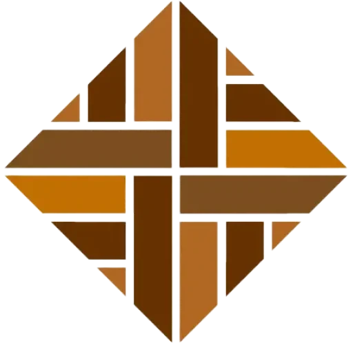 Geometric pattern featuring interlocking brown and gold rectangular shapes arranged in a diamond formation with a transparent background.