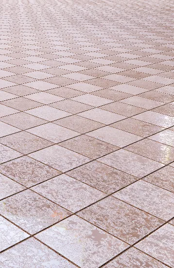 Wet, light brown square tiles arranged in a diamond pattern, reflecting light and showing some water streaks on the surface.