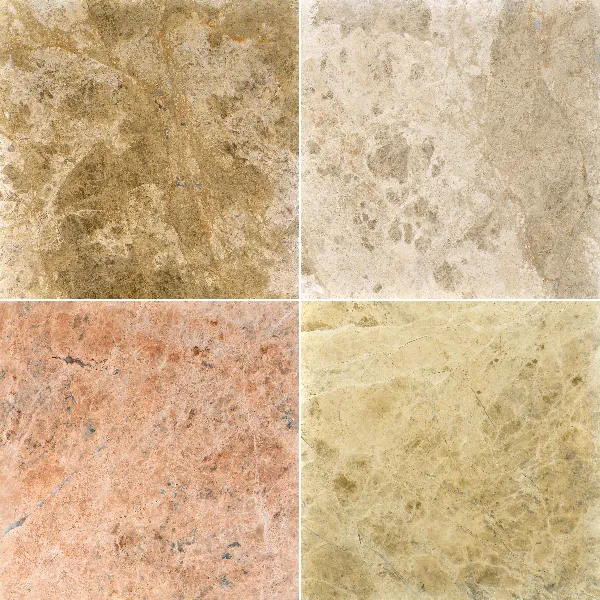 Four marble tiles in a grid, each with different natural patterns and colors: brown, beige, reddish-brown, and light tan.