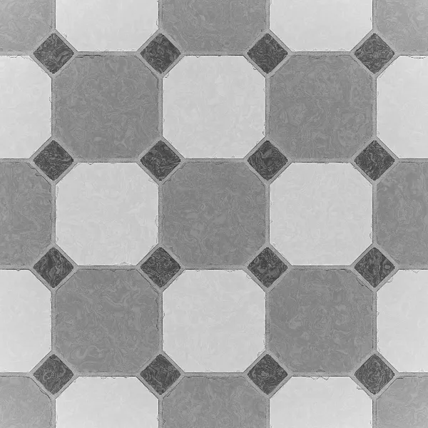 A geometric tile pattern with alternating light and dark octagons, each connected by small dark squares at the corners, forming a repeating grid.